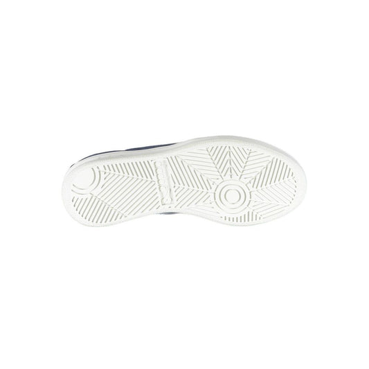 A single white sneaker with a blue sole, featuring a circular logo on the side