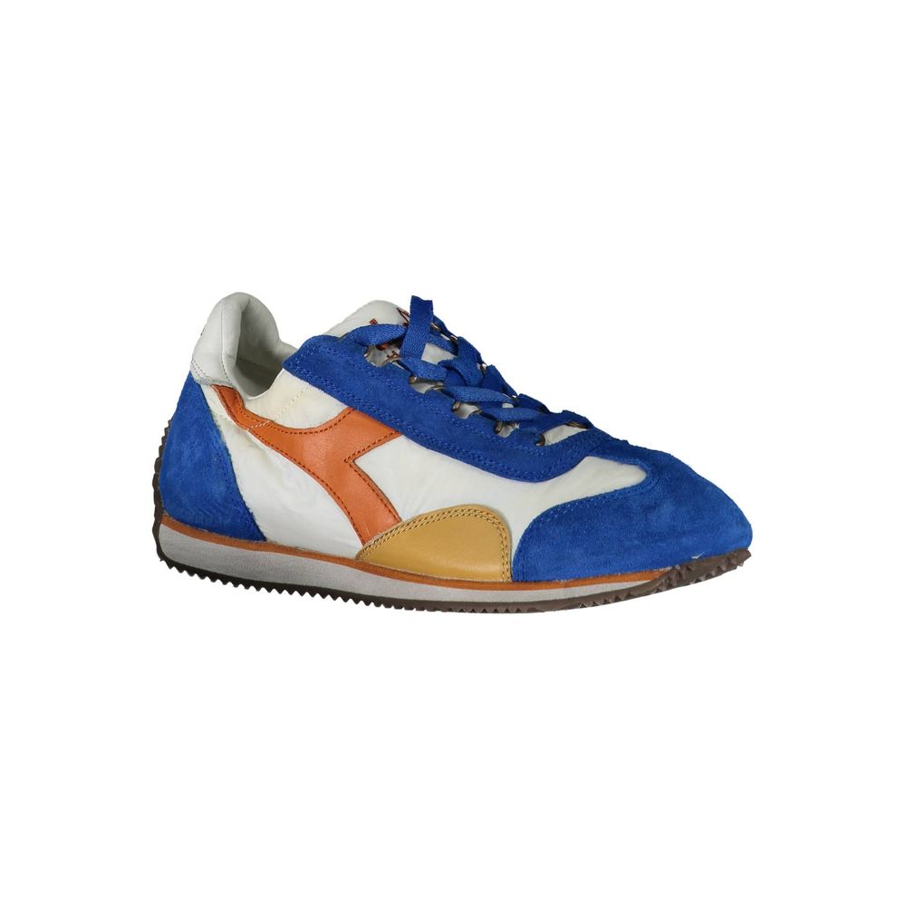 Blue leather women's sneaker with white laces, orange accents, and a white sole
