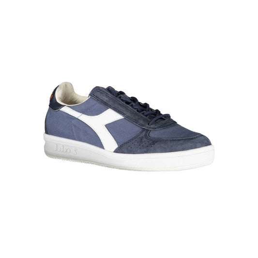 Blue leather women's sneaker with white sole, featuring a logo on side