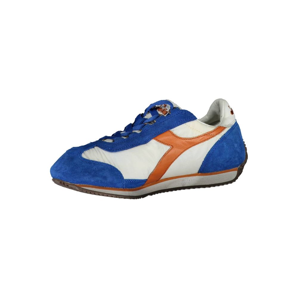 Blue leather women's sneaker with white laces, orange accents, and a white sole