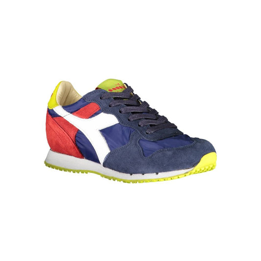 A blue leather women's sneaker with yellow accents, featuring a white sole and laces