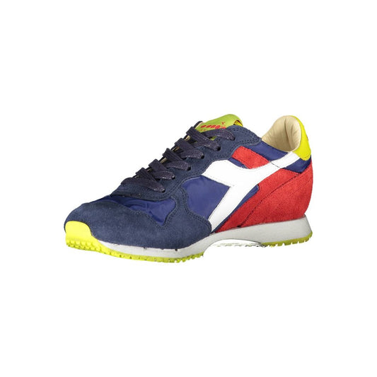 A blue leather women's sneaker with a white stripe on the side, yellow sole, and laces