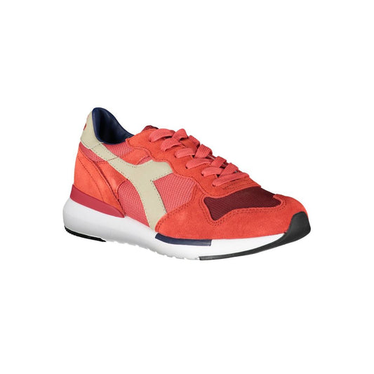 Red and white sneakers with laces