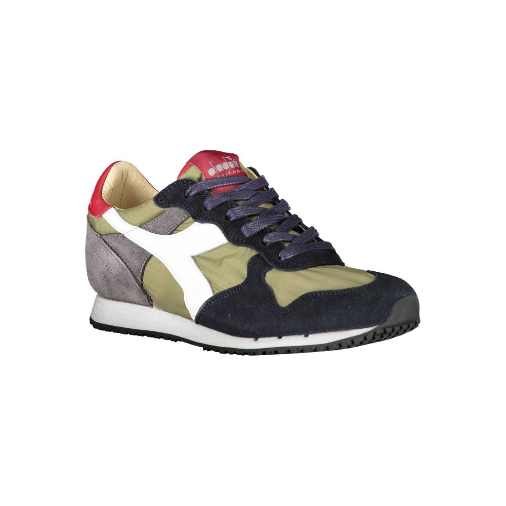 Pair of sneakers with red and white stripes on sides