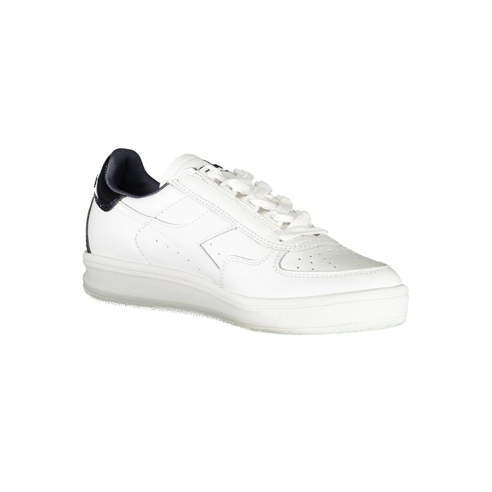 White leather women's sneaker with black laces, featuring a low-top design and white rubber sole