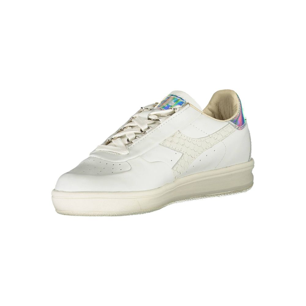 A white leather women's sneaker with a colorful design on the side