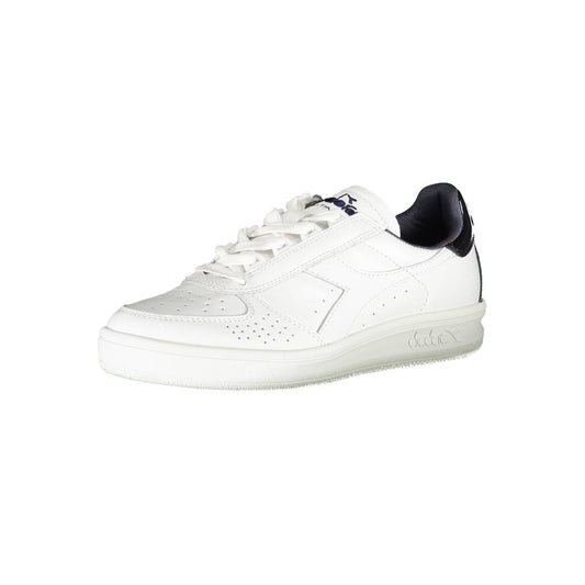 A white leather women's sneaker with a low top, lace-up closure and a small logo on the side