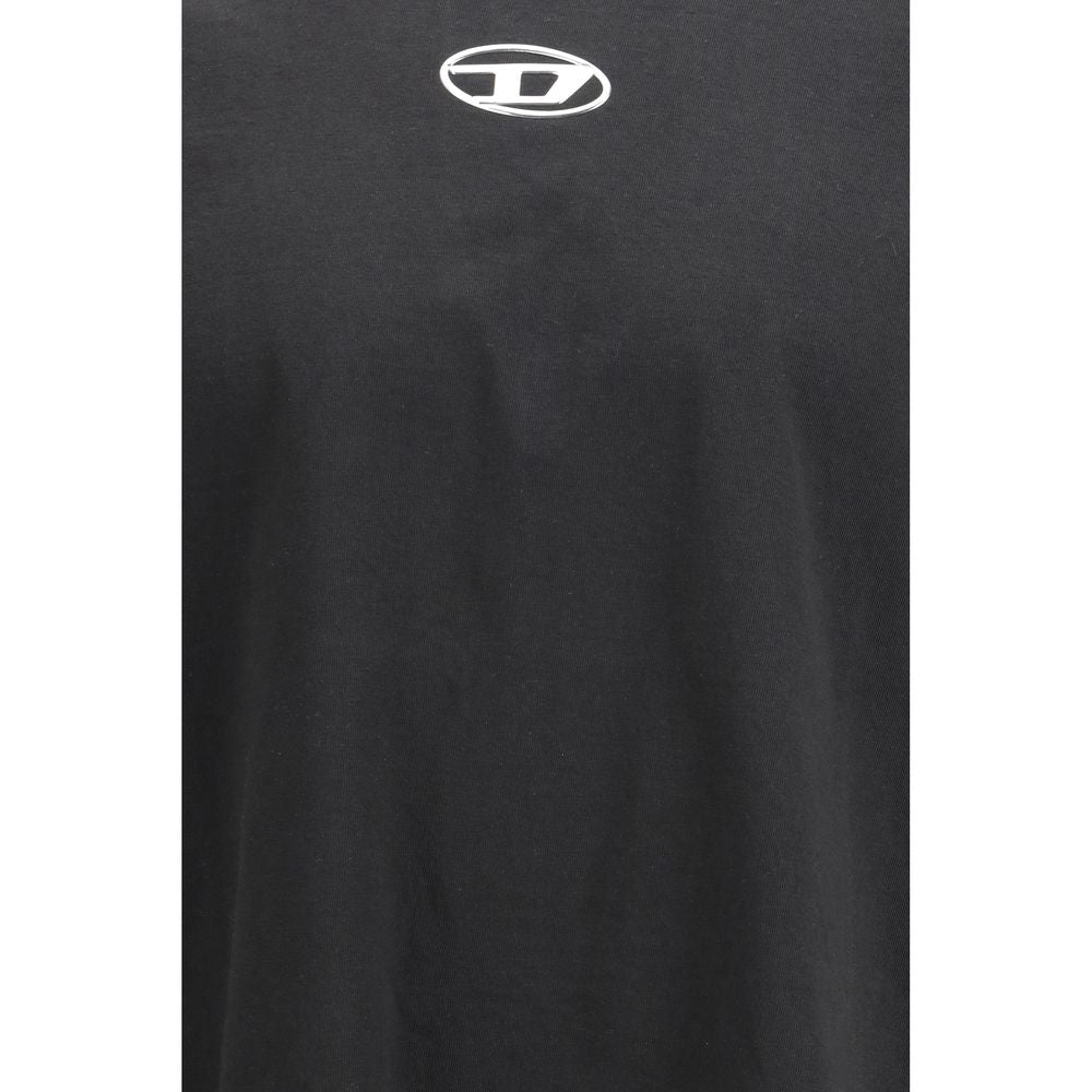 A black cotton t-shirt with a logo on the front