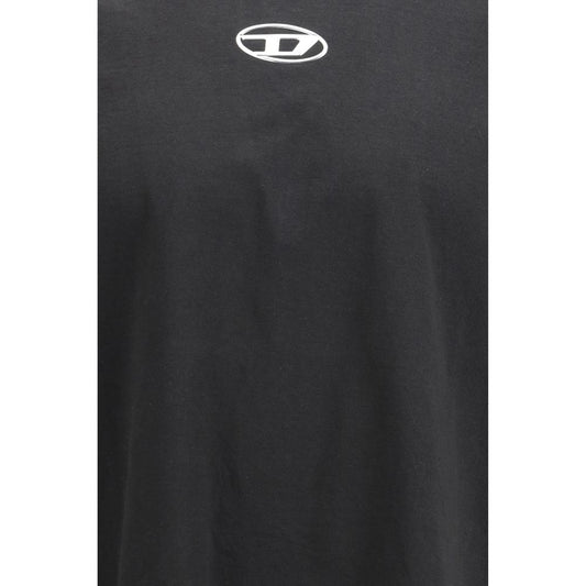 A black cotton t-shirt with a logo on the front