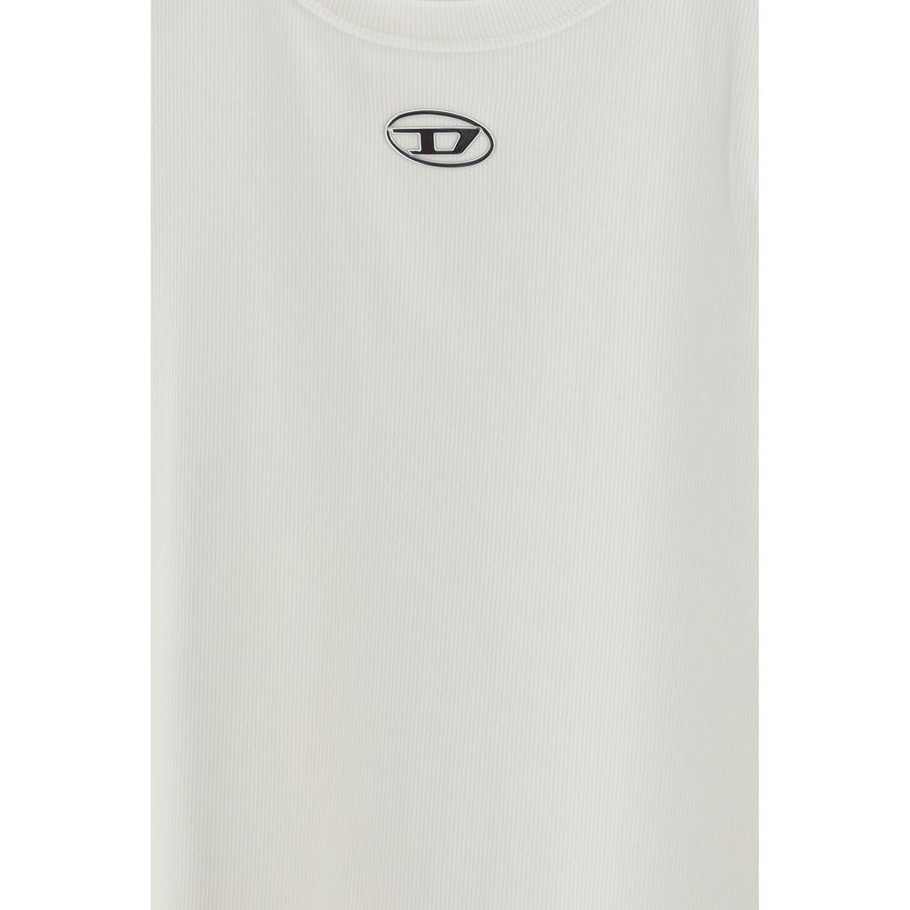 A white cotton sleeveless t-shirt with a small logo on the chest
