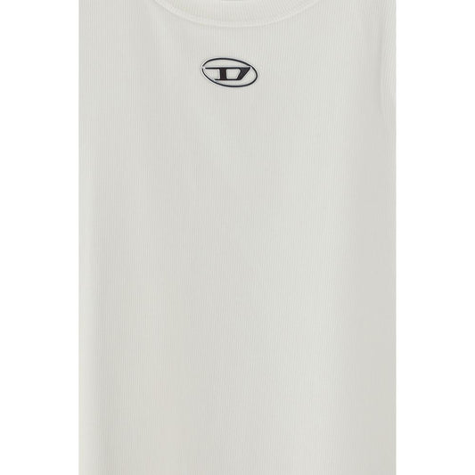A white cotton sleeveless t-shirt with a small logo on the chest