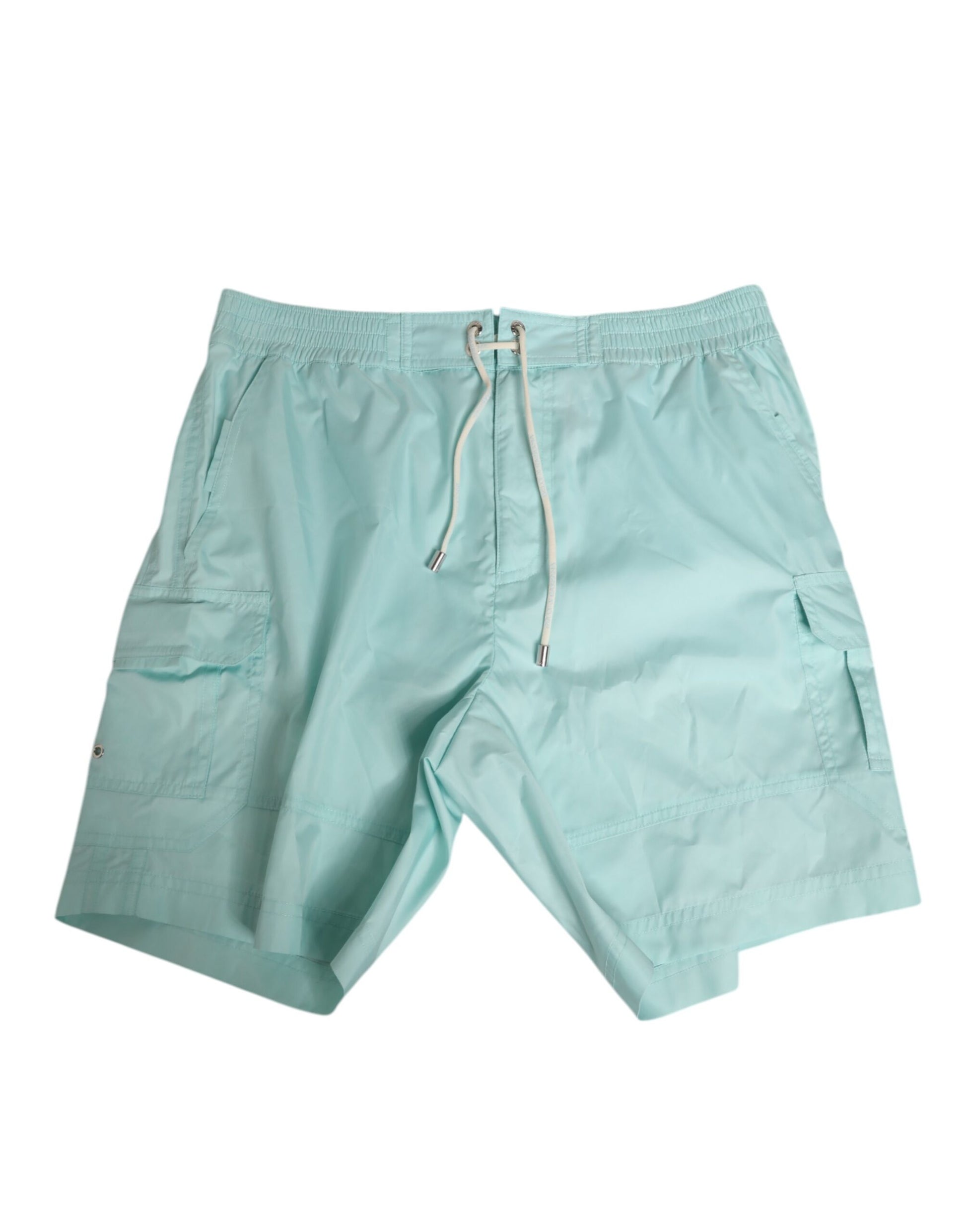 Light blue swim trunks with drawstring waistband