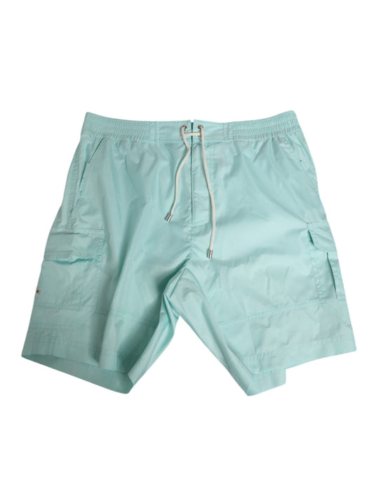 Light blue swim trunks with drawstring waistband