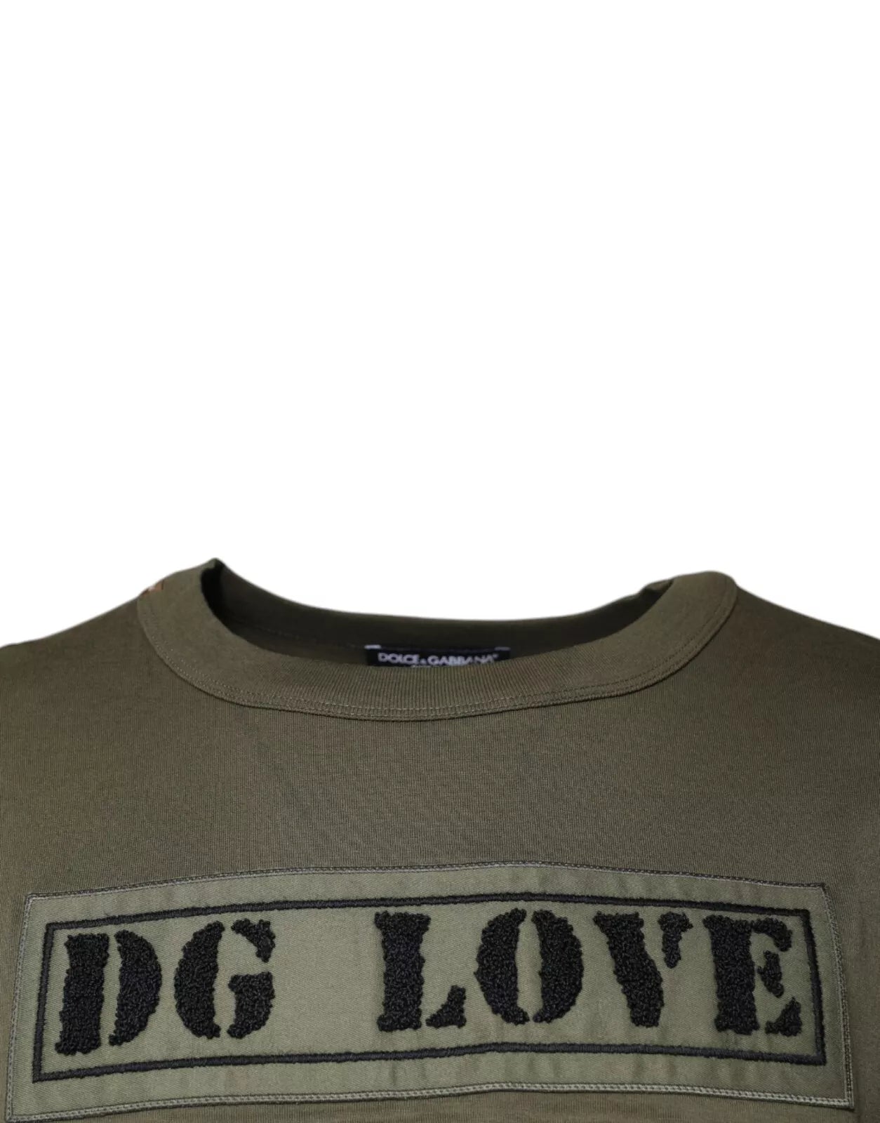 Tan military style shirt with embroidered patch reading "DG LOVE