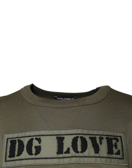 Tan military style shirt with embroidered patch reading "DG LOVE