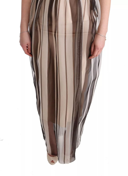 A long beige brown striped silk sheath dress with a V-neckline