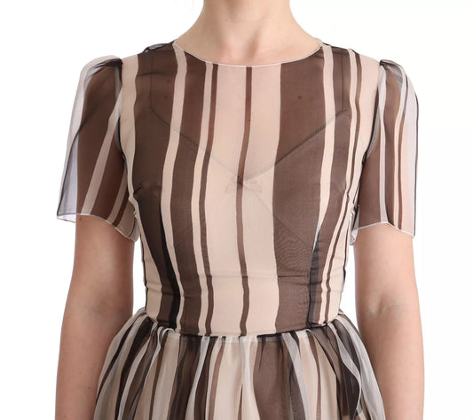 A beige brown striped silk sheath dress with a V-neckline and short sleeves