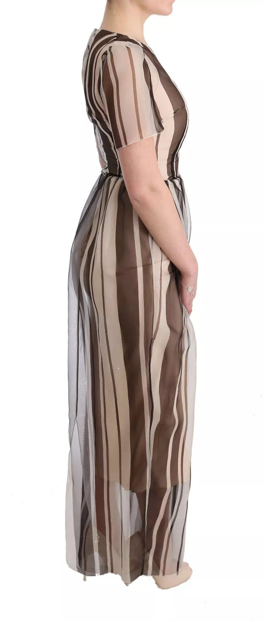 Long beige brown striped silk sheath dress with fitted bodice and flowing skirt