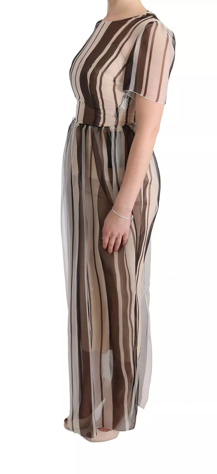A beige brown striped silk sheath dress from Dolce & Gabbana