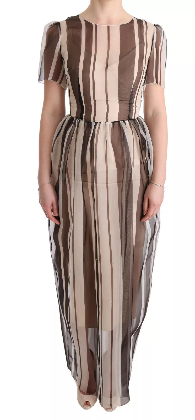 A long beige brown striped silk sheath dress with a V-neckline