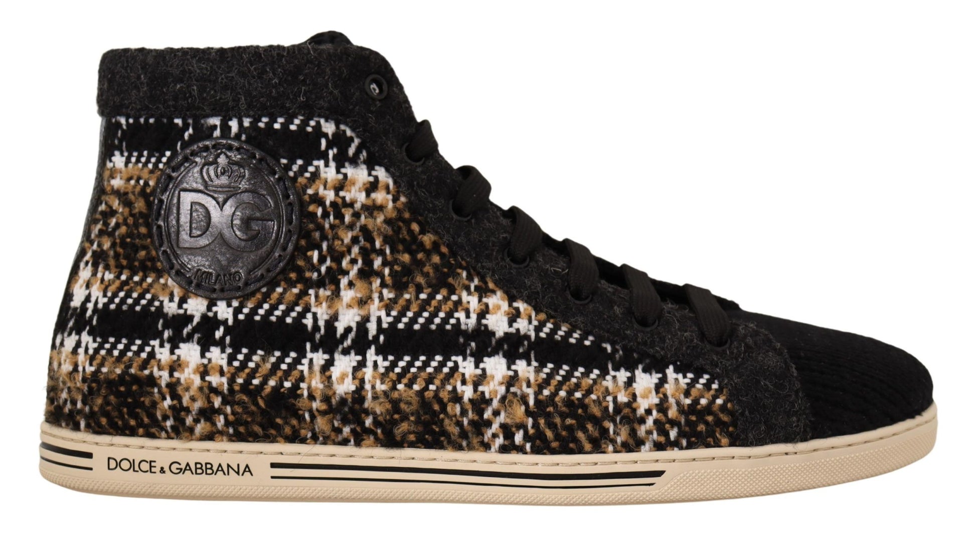 High top sneaker with a plaid pattern and a logo on the side