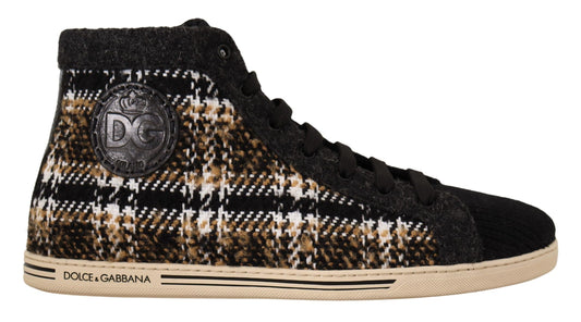 High top sneaker with a plaid pattern and a logo on the side