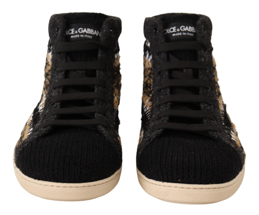 Pair of black and white sneakers with a cheetah print pattern on the side