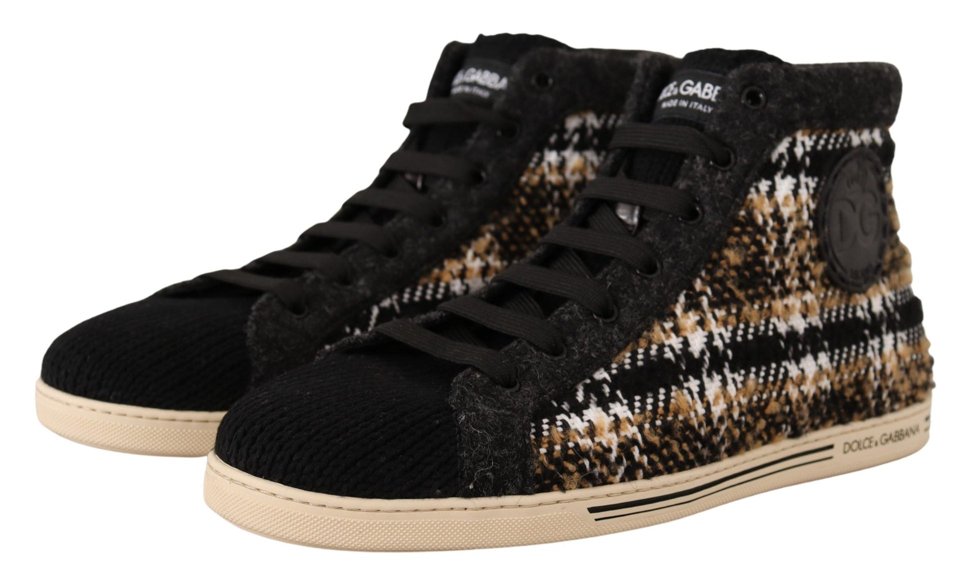 Pair of black and tan high top sneakers with fur trim