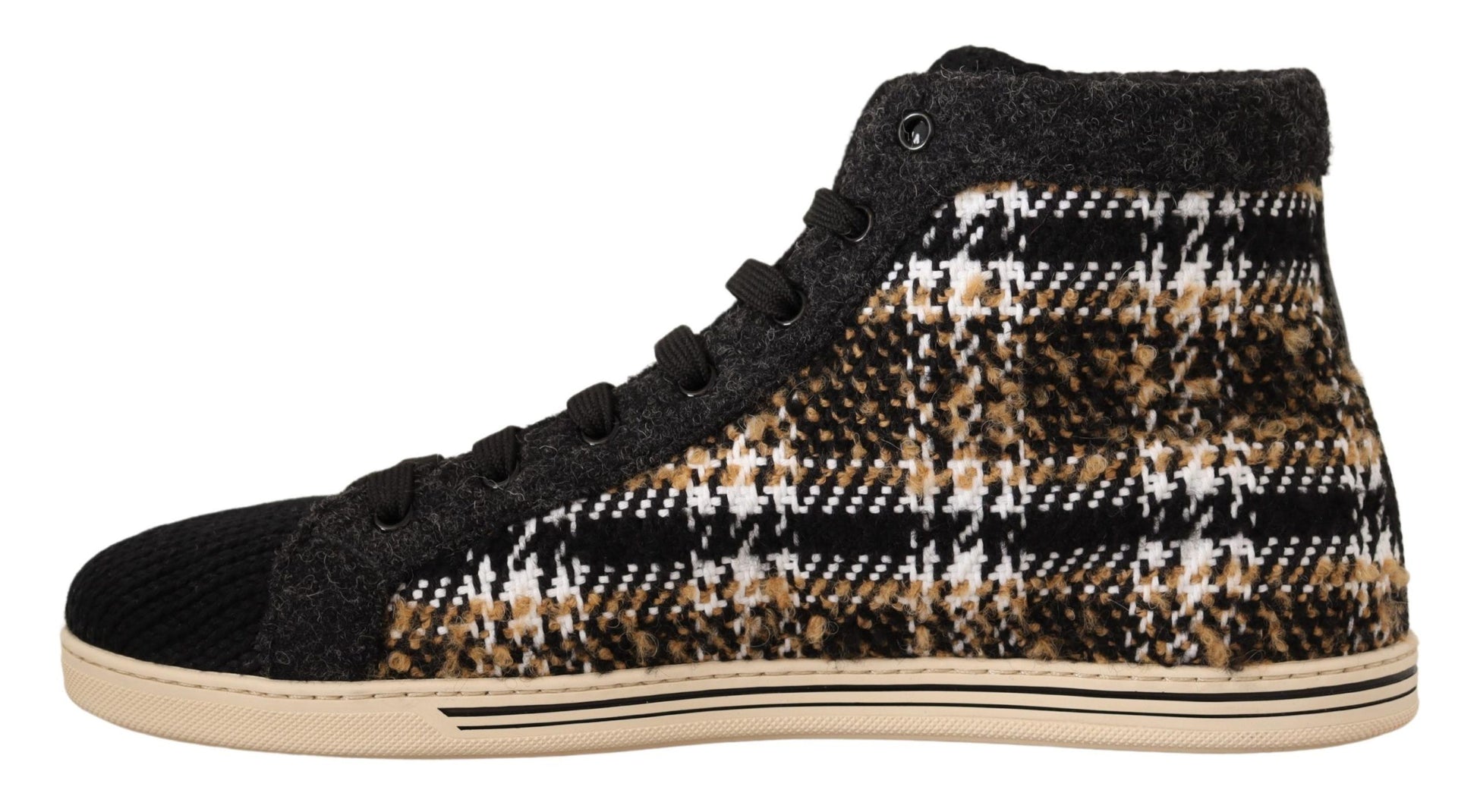 High top sneaker with a plaid pattern and lace closure