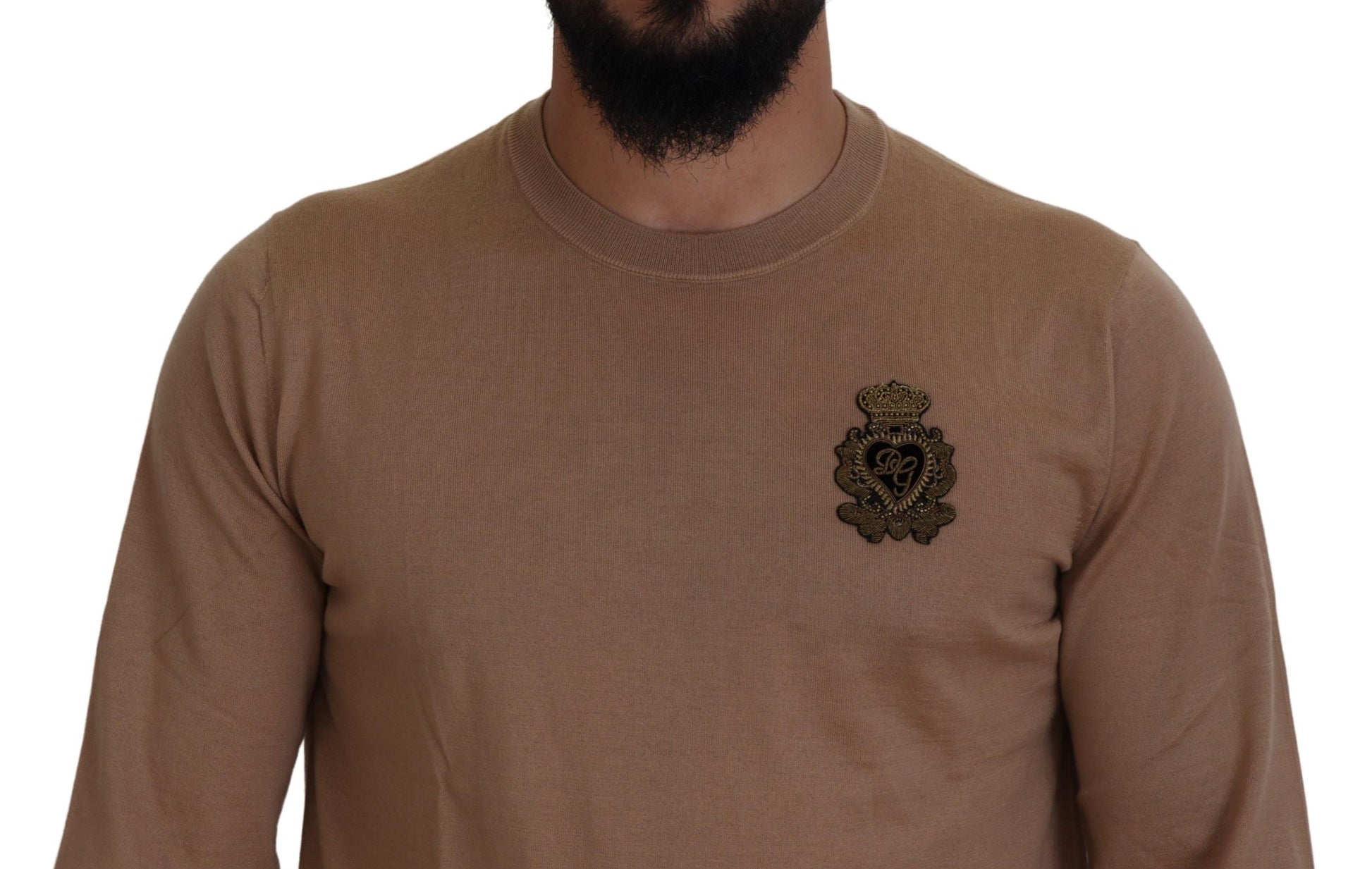 Brown sweater with embroidered emblem on chest