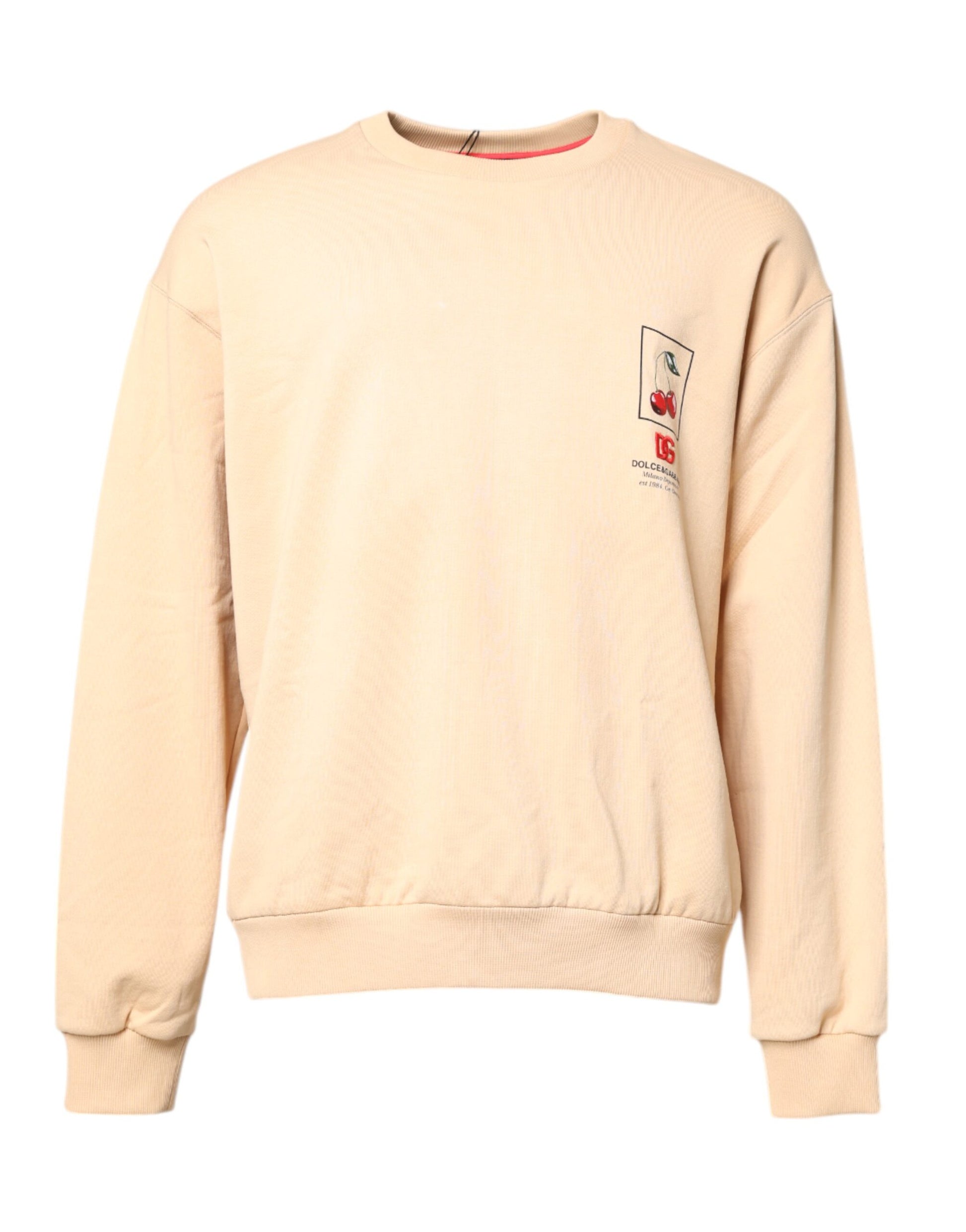 Tan sweatshirt with red logo on front