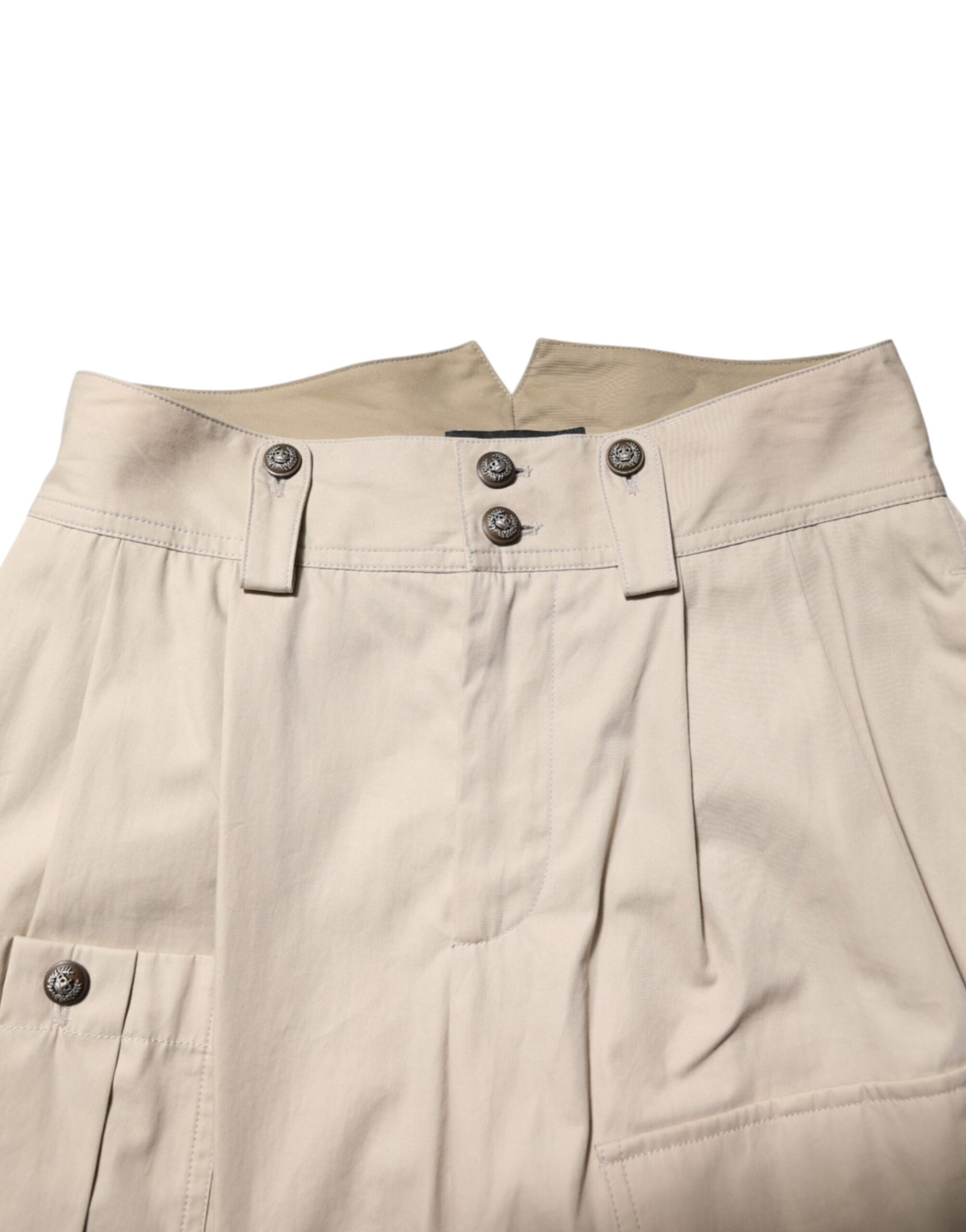 Tan cargo shorts with pockets and buttons