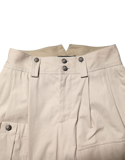 Tan cargo shorts with pockets and buttons