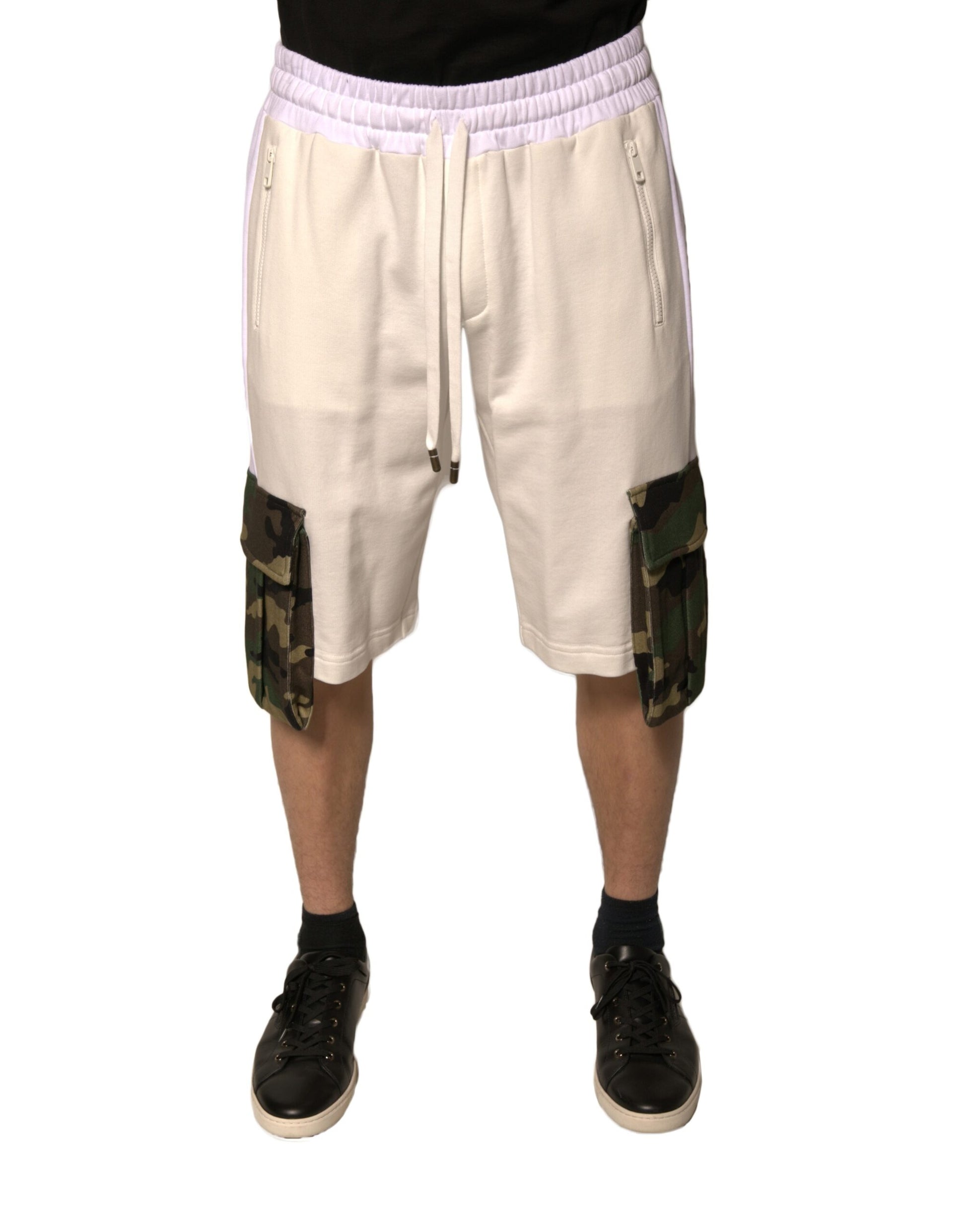 A pair of men's casual cargo shorts in beige cotton. They feature camouflage patterned pockets and are design