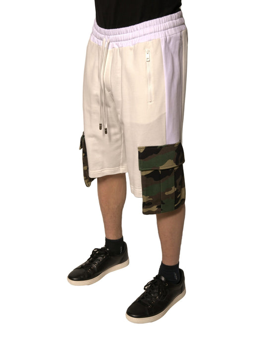 A pair of men's casual cargo shorts with camouflage pattern on the side. They are beige in color and appear t