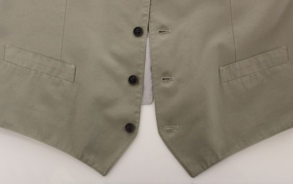 Tan cotton silk blend vest with black buttons and pockets