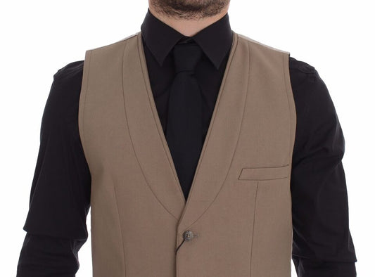 A beige cotton vest with a slim fit and button front