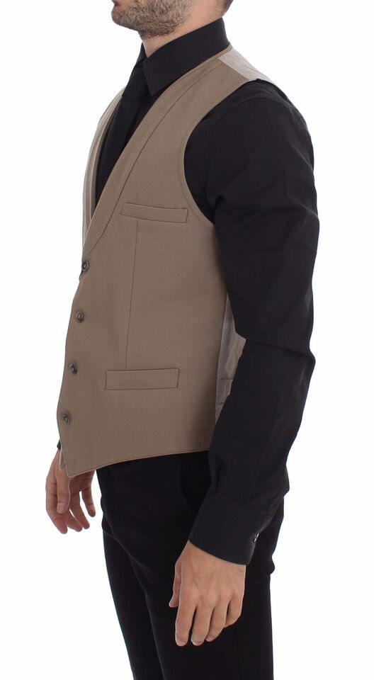 A beige cotton vest with a slim fit and button front