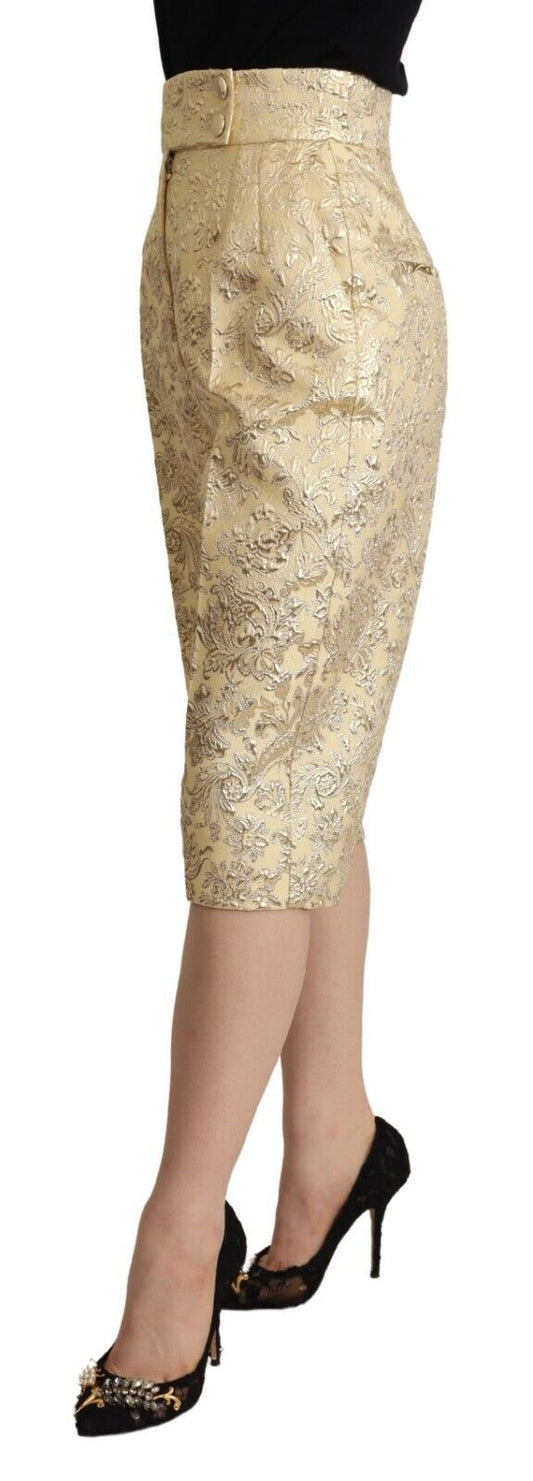 Gold patterned skirt worn by a model