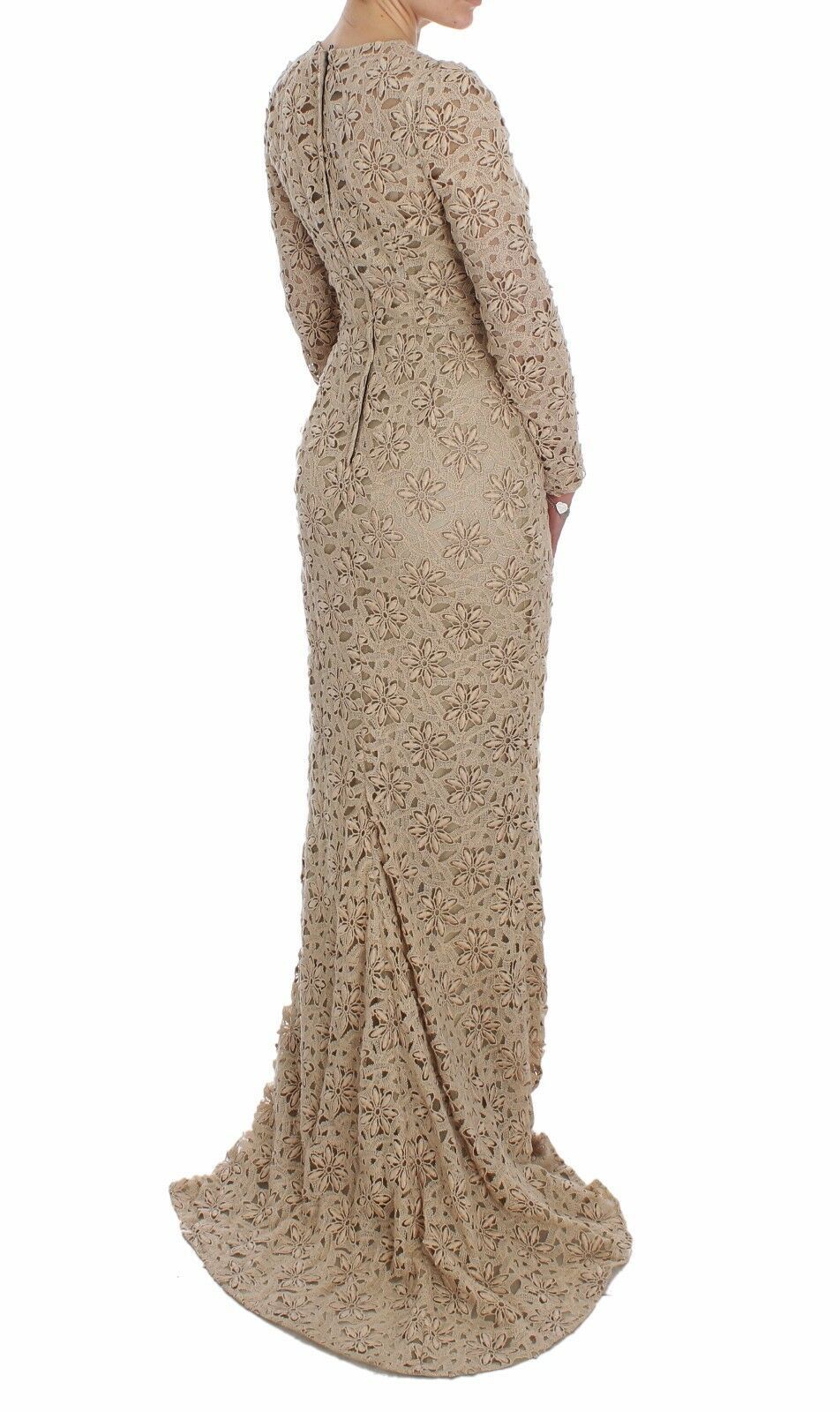 Long beige floral lace sheath maxi dress with long train and fitted bodice