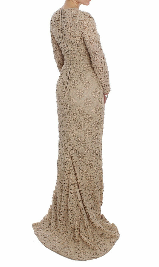 Long beige floral lace sheath maxi dress with long train and fitted bodice