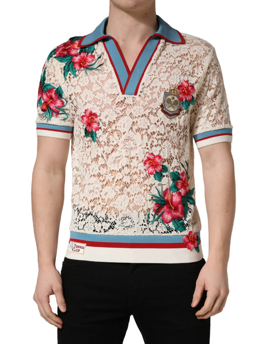 Men's short sleeve polo shirt with floral pattern on front