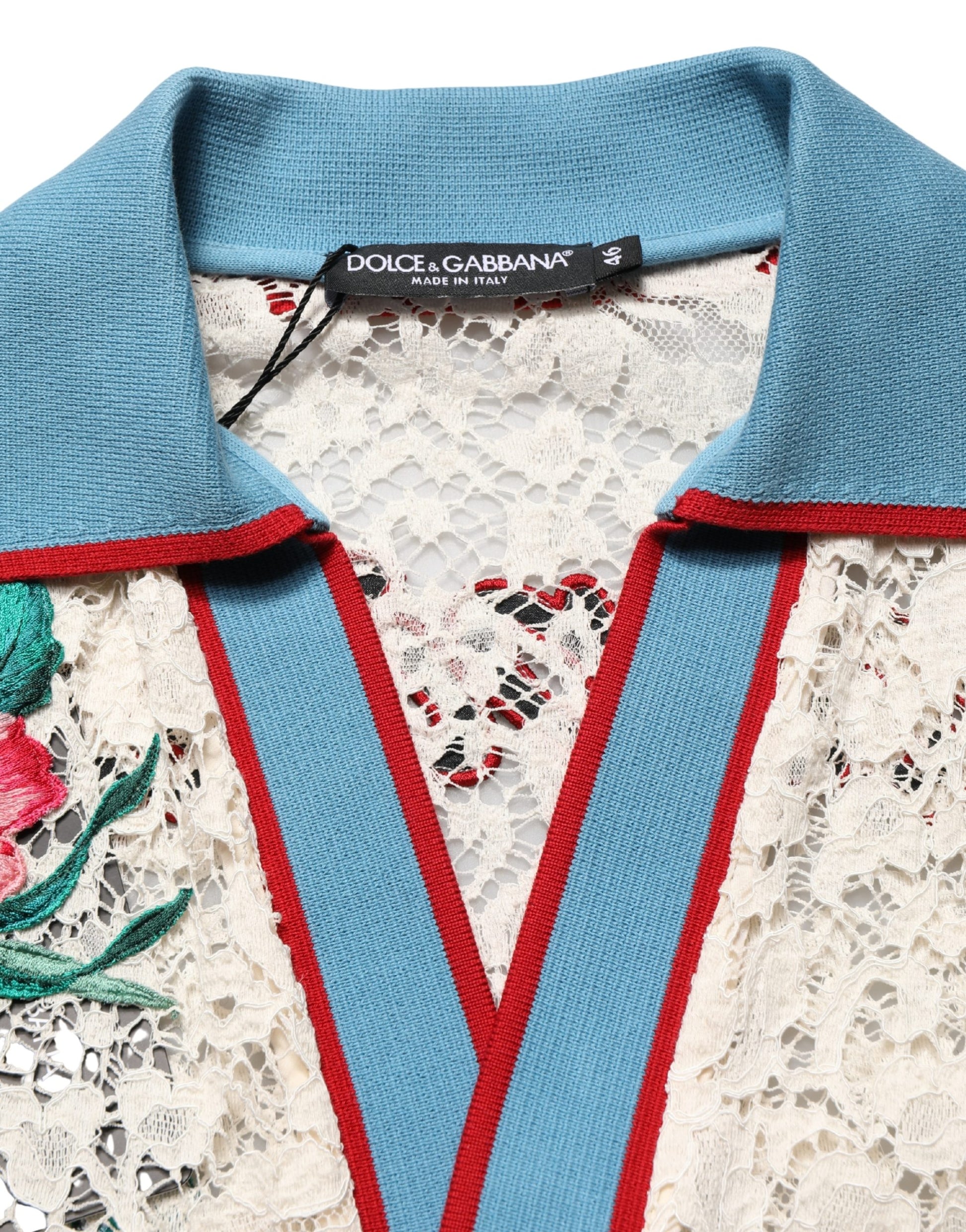 Blue lace shirt with red trim