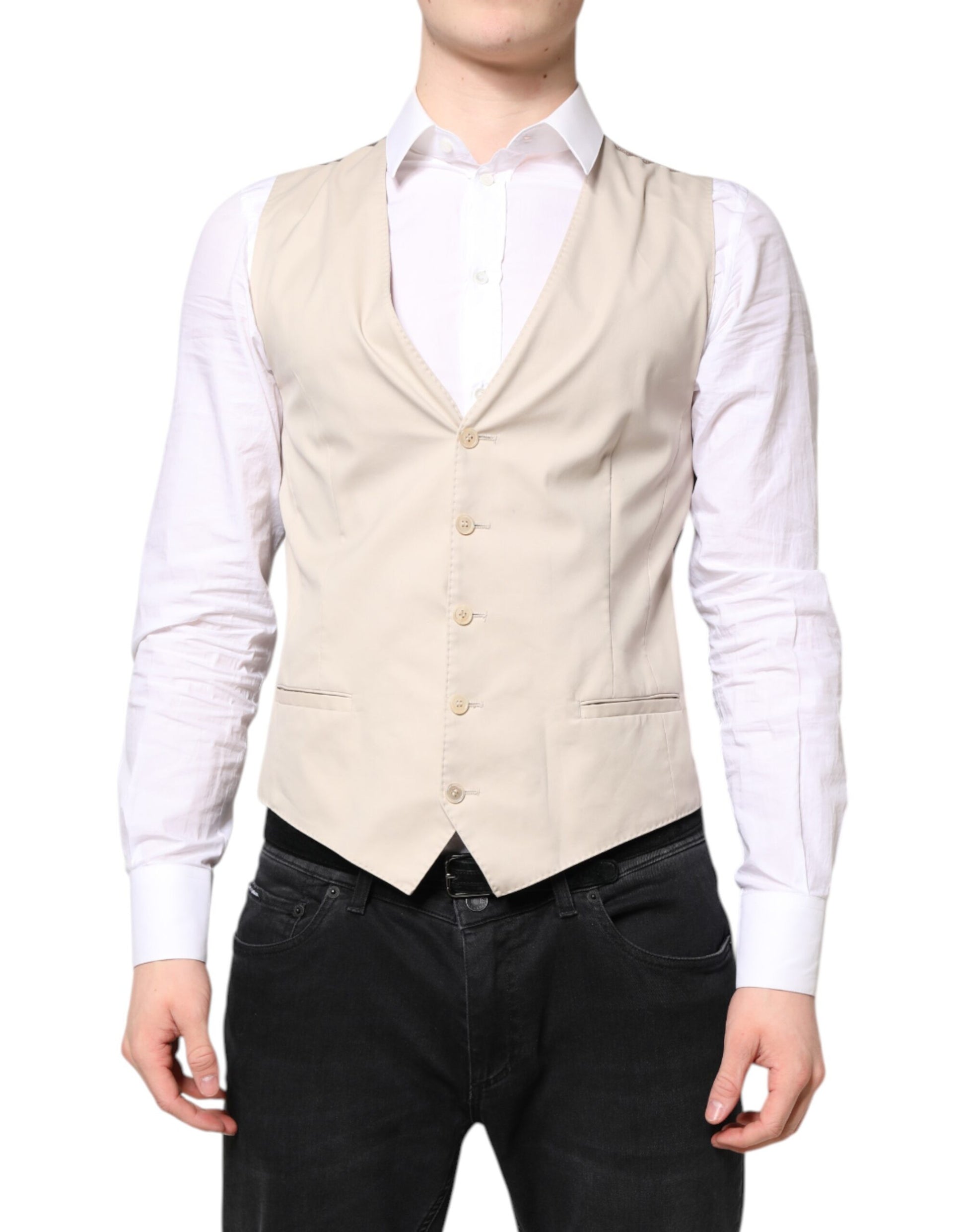 A beige gray men's formal vest with a waistcoat design