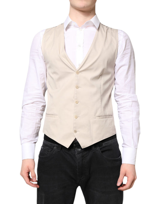 A beige gray men's formal vest with a waistcoat design