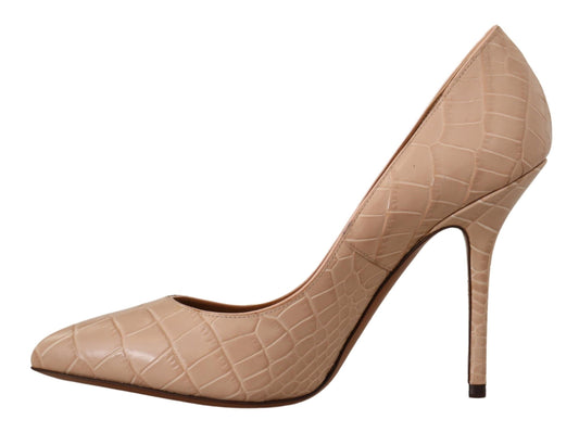Tan high heel shoe with a crocodile skin texture on the toe and heel