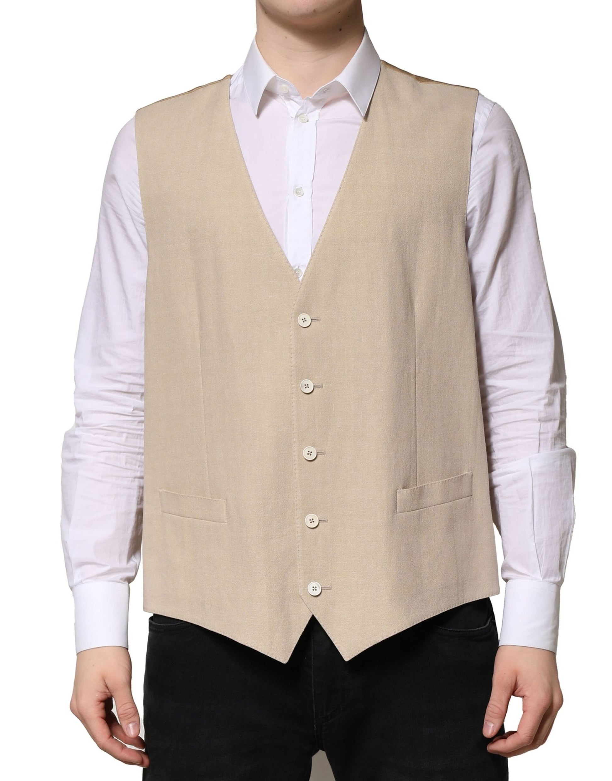 A beige linen vest with buttons, part of a formal men's suit