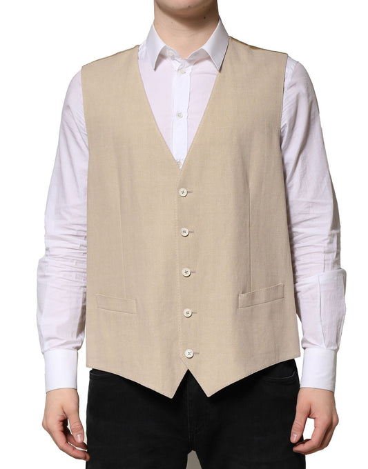 A beige linen vest with buttons, part of a formal men's suit