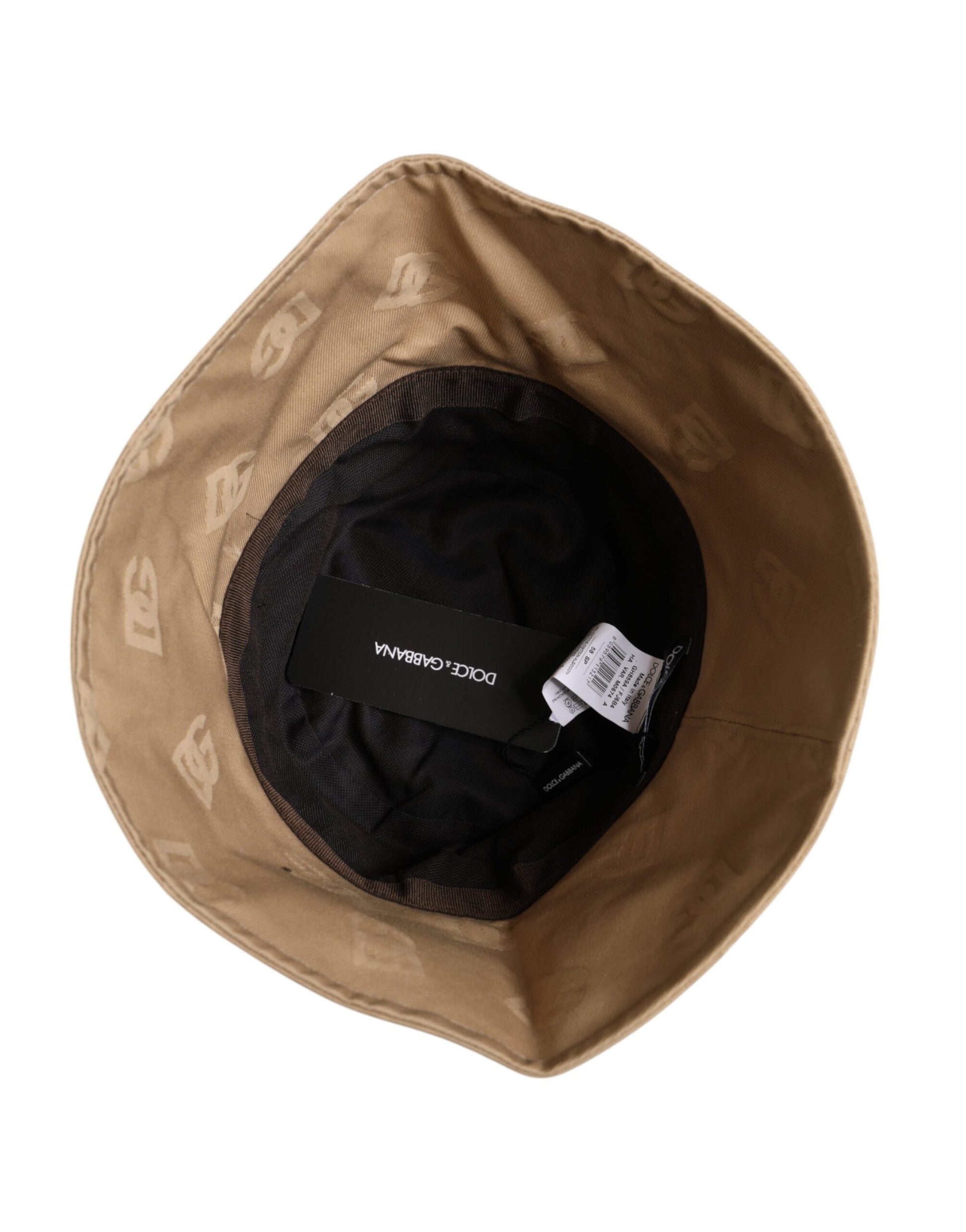 Tan hat with black band and label on front
