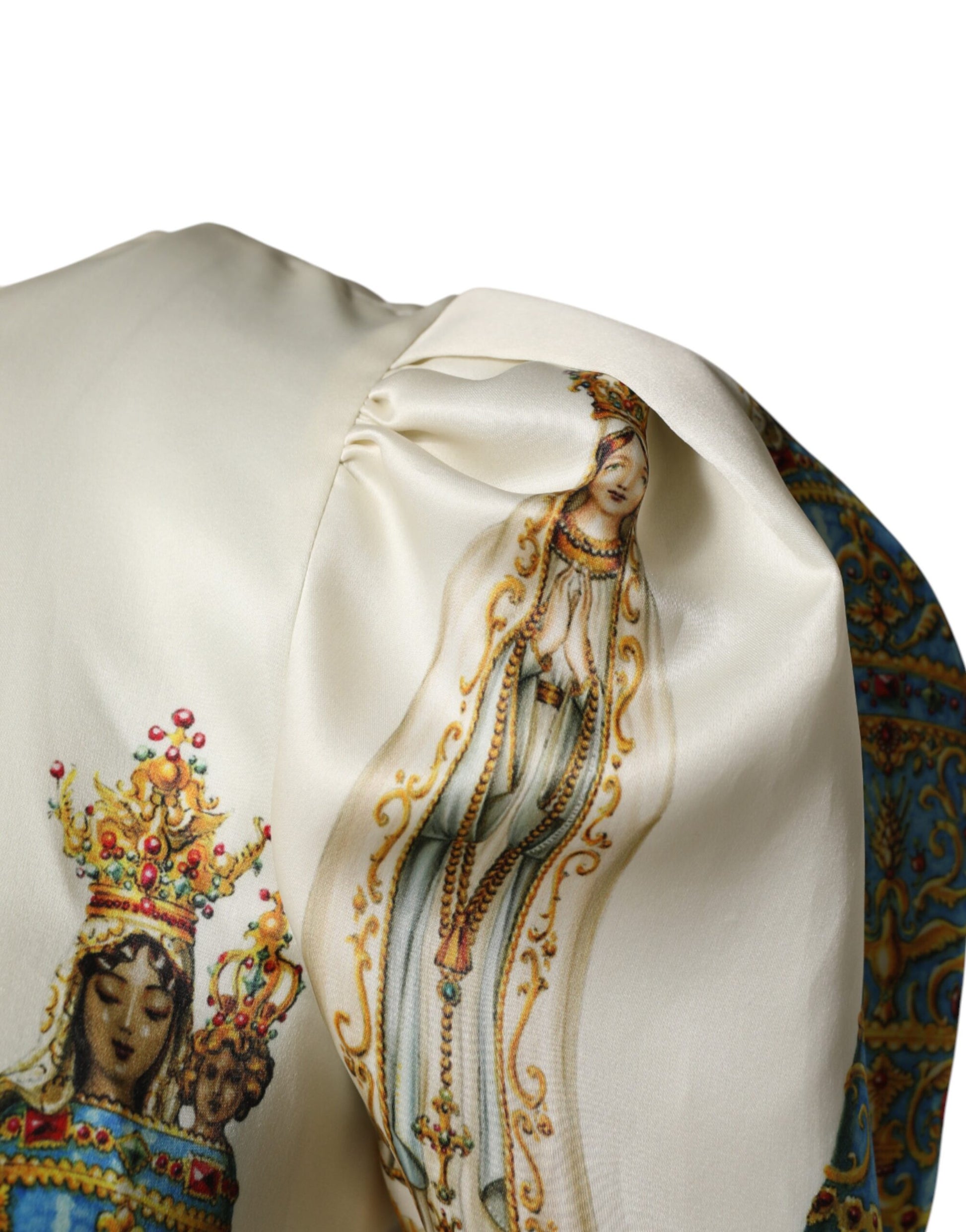 Scarf with religious artwork featuring a woman in a crown and a child